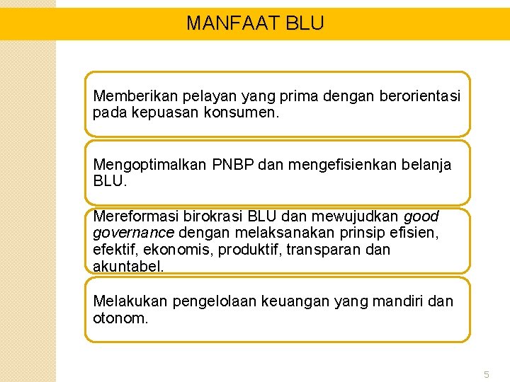 MANFAAT BLU Memberikan pelayan yang prima dengan berorientasi pada kepuasan konsumen. Mengoptimalkan PNBP dan