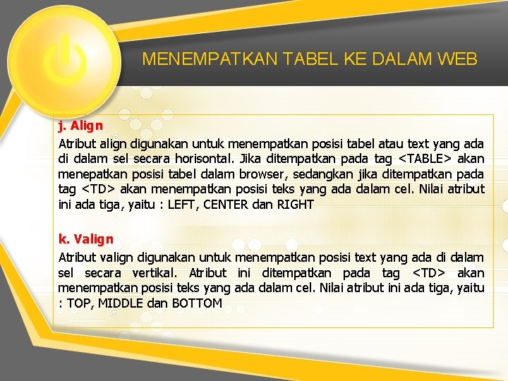 MENEMPATKAN TABEL KE DALAM WEB j. Align Atribut align digunakan untuk menempatkan posisi tabel