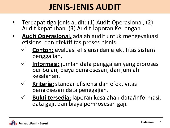 JENIS-JENIS AUDIT Terdapat tiga jenis audit: (1) Audit Operasional, (2) Audit Kepatuhan, (3) Audit