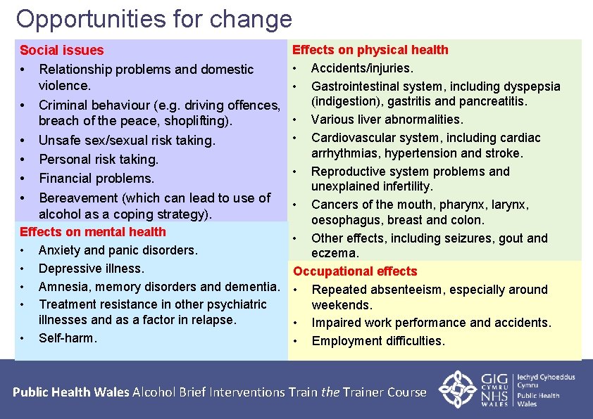 Opportunities for change Effects on physical health • Accidents/injuries. • Gastrointestinal system, including dyspepsia