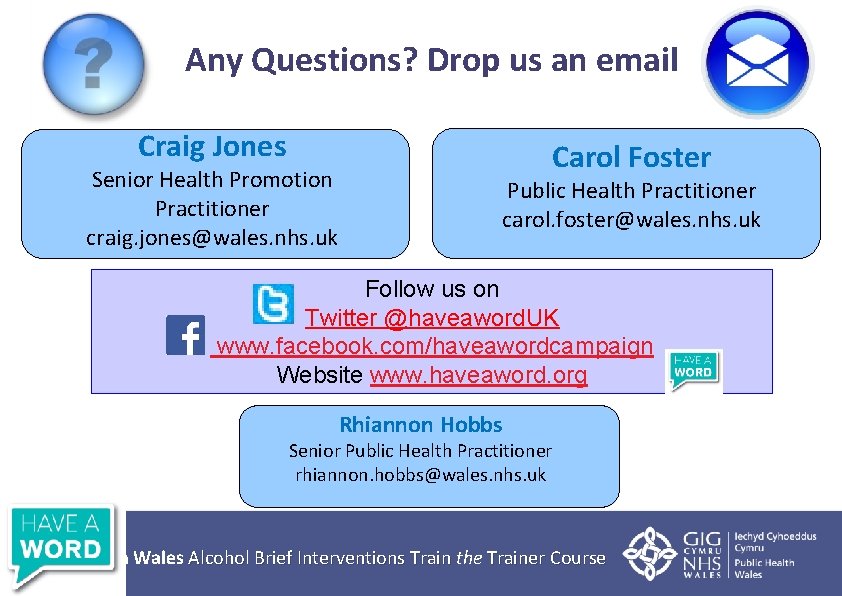 Any Questions? Drop us an email Craig Jones Senior Health Promotion Practitioner craig. jones@wales.