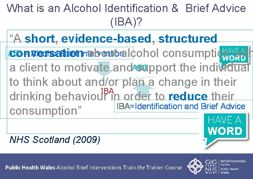 What is an Alcohol Identification & Brief Advice (IBA)? “A short, evidence-based, structured ABI