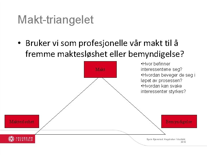 Makt-triangelet • Bruker vi som profesjonelle vår makt til å fremme maktesløshet eller bemyndigelse?