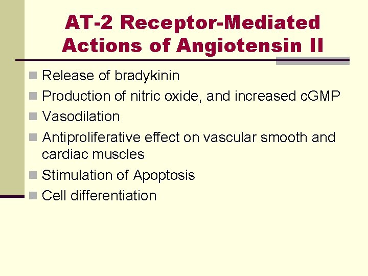 AT-2 Receptor-Mediated Actions of Angiotensin II n Release of bradykinin n Production of nitric