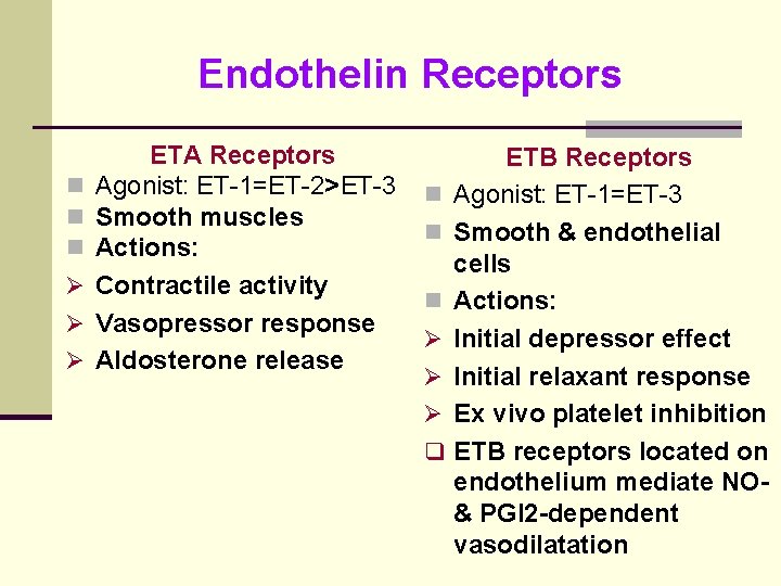 Endothelin Receptors n n n Ø Ø Ø ETA Receptors Agonist: ET-1=ET-2>ET-3 Smooth muscles