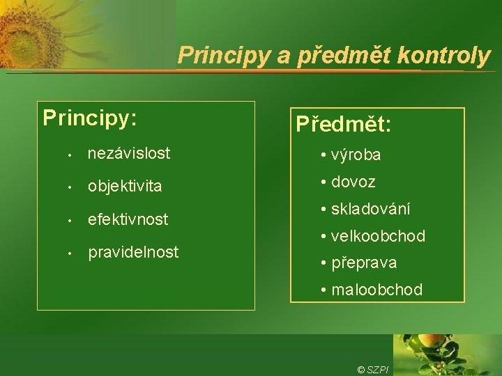 Principy a předmět kontroly Principy: Předmět: • nezávislost • výroba • objektivita • dovoz