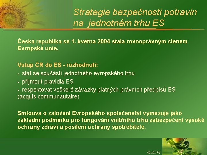 Strategie bezpečnosti potravin na jednotném trhu ES Česká republika se 1. května 2004 stala