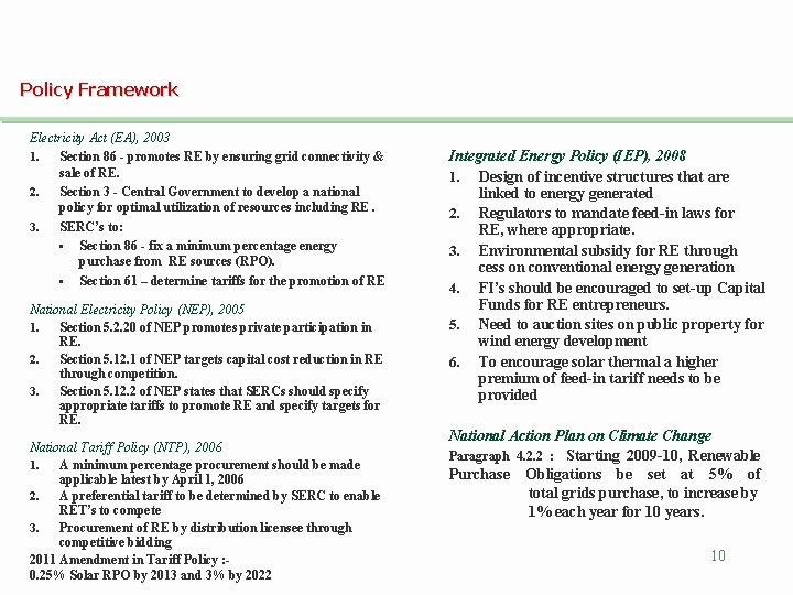 Policy Framework Electricity Act (EA), 2003 1. Section 86 - promotes RE by ensuring