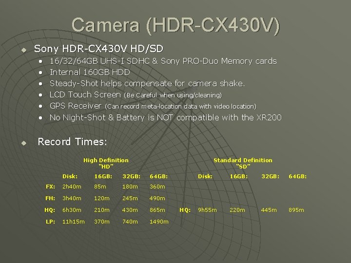 Camera (HDR-CX 430 V) u Sony HDR-CX 430 V HD/SD • • • u