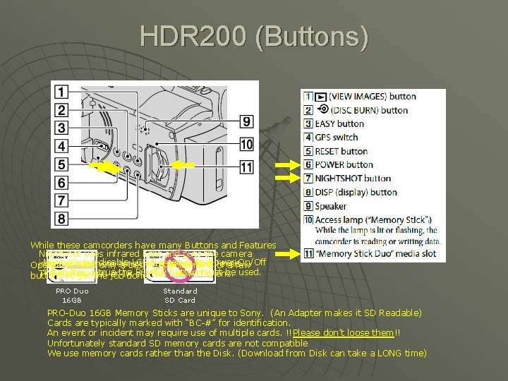 HDR 200 (Buttons) While these camcorders have many Buttons and Features Night. Shot uses