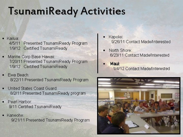 Tsunami. Ready Activities § Kailua: 4/5/11 Presented Tsunami. Ready Program 1/9/12 Certified Tsunami. Ready