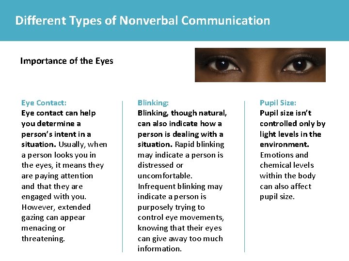 Different Types of Nonverbal Communication Importance of the Eyes Eye Contact: Eye contact can