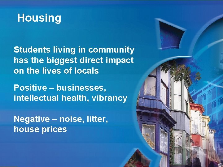 Housing Students living in community has the biggest direct impact on the lives of