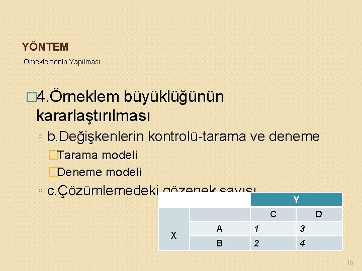 YÖNTEM Örneklemenin Yapılması � 4. Örneklem büyüklüğünün kararlaştırılması ◦ b. Değişkenlerin kontrolü-tarama ve deneme