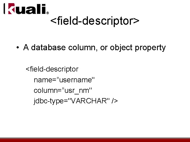 <field-descriptor> • A database column, or object property <field-descriptor name=”username" column=”usr_nm" jdbc-type="VARCHAR" /> 