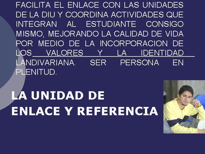 FACILITA EL ENLACE CON LAS UNIDADES DE LA DIU Y COORDINA ACTIVIDADES QUE INTEGRAN