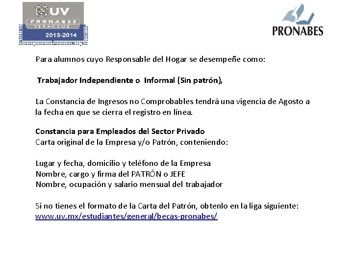 Para alumnos cuyo Responsable del Hogar se desempeñe como: Trabajador Independiente o Informal (Sin