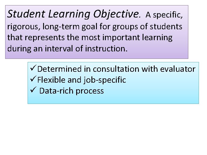Student Learning Objective. A specific, rigorous, long-term goal for groups of students that represents