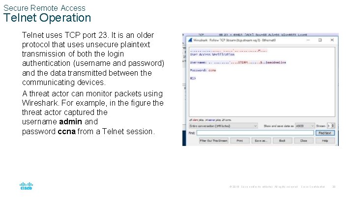 Secure Remote Access Telnet Operation Telnet uses TCP port 23. It is an older