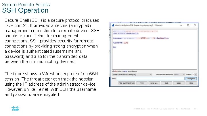 Secure Remote Access SSH Operation Secure Shell (SSH) is a secure protocol that uses