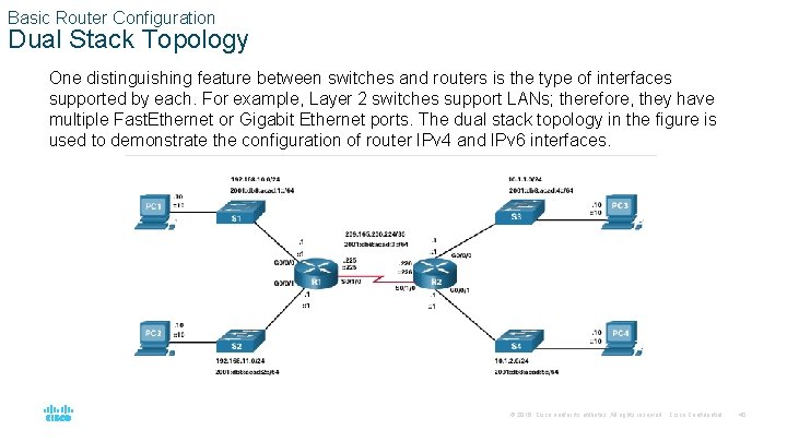 Basic Router Configuration Dual Stack Topology One distinguishing feature between switches and routers is