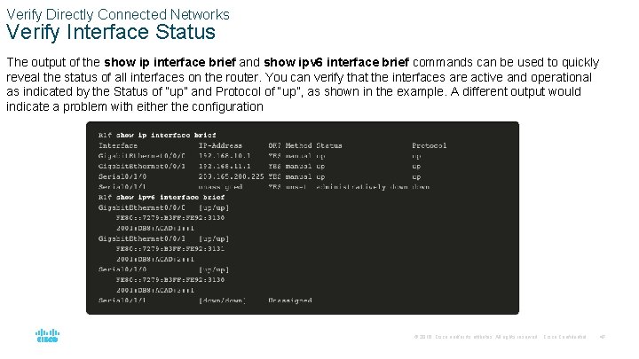 Verify Directly Connected Networks Verify Interface Status The output of the show ip interface