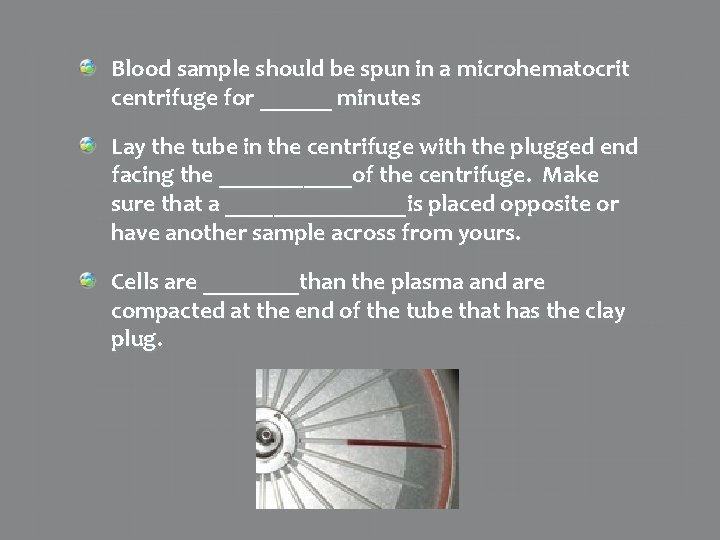 Blood sample should be spun in a microhematocrit centrifuge for ______ minutes Lay the