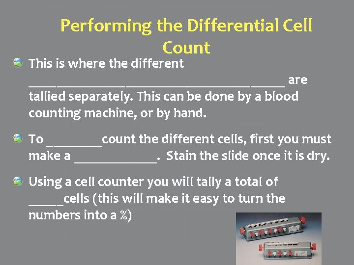 Performing the Differential Cell Count This is where the different ___________________ are tallied separately.