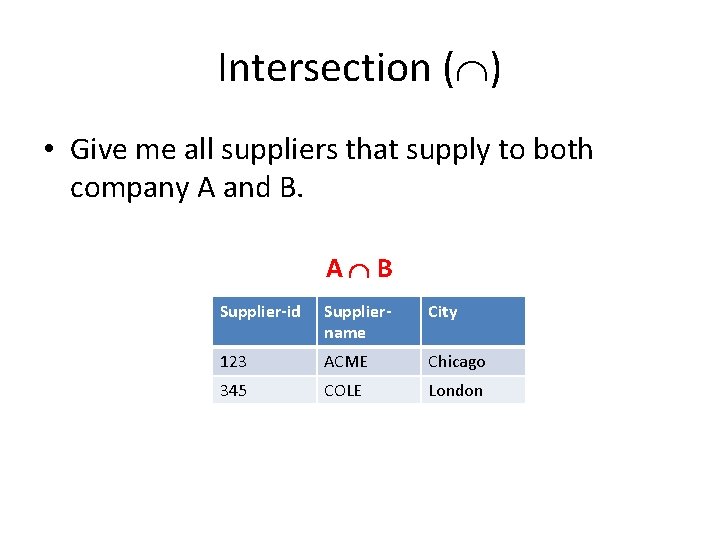 Intersection ( ) • Give me all suppliers that supply to both company A