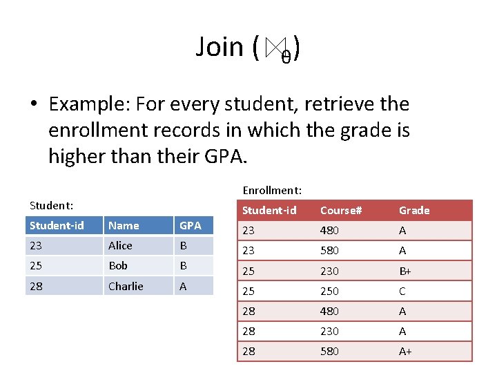 Join ( θ) • Example: For every student, retrieve the enrollment records in which