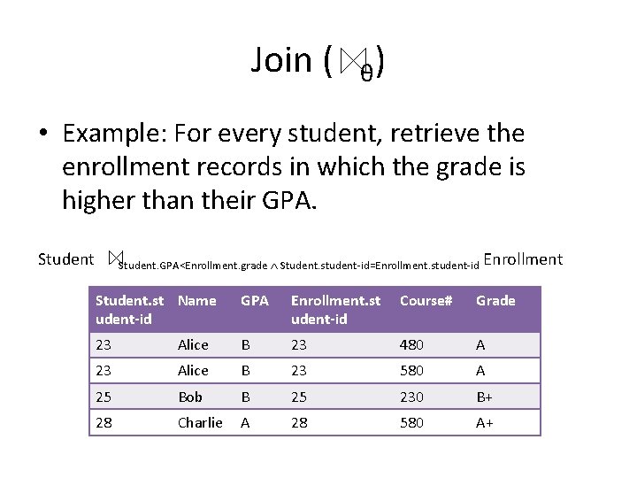 Join ( θ) • Example: For every student, retrieve the enrollment records in which