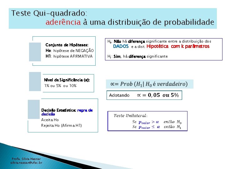 Teste Qui-quadrado: aderência à uma distribuição de probabilidade Conjunto de Hipóteses: Ho: hipótese de