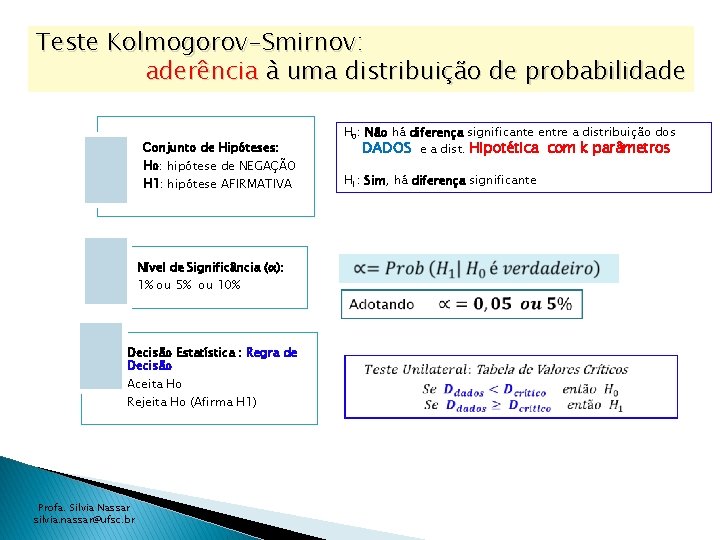 Teste Kolmogorov-Smirnov: aderência à uma distribuição de probabilidade Conjunto de Hipóteses: H 0: Não