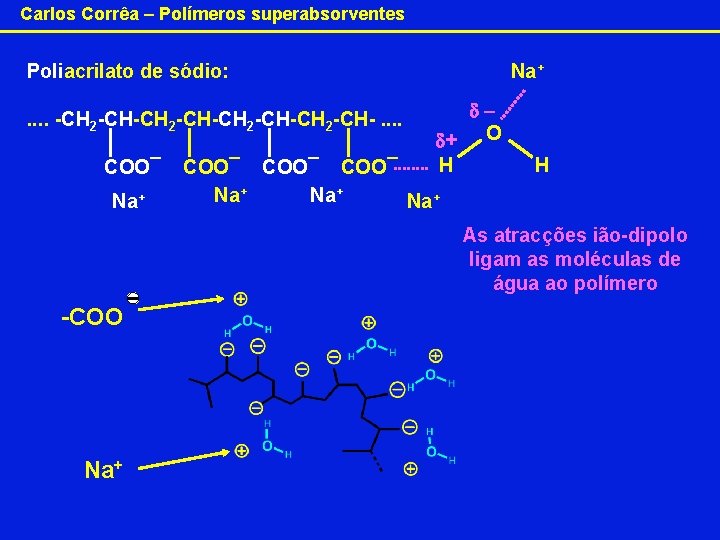 Carlos Corrêa – Polímeros superabsorventes Poliacrilato de sódio: . . -CH 2 -CH-CH 2