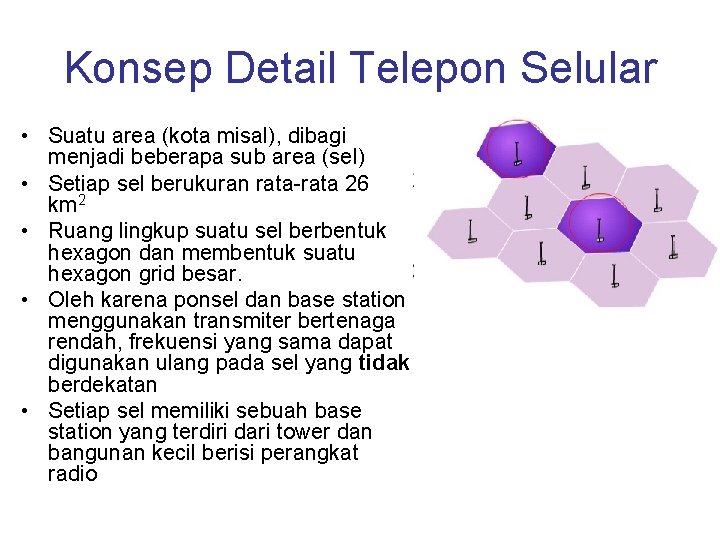 Konsep Detail Telepon Selular • Suatu area (kota misal), dibagi menjadi beberapa sub area