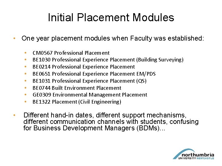 Initial Placement Modules • One year placement modules when Faculty was established: • •