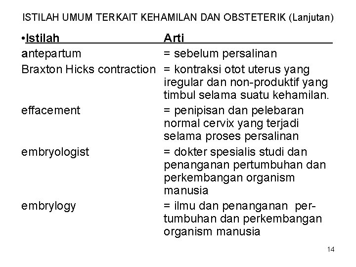 ISTILAH UMUM TERKAIT KEHAMILAN DAN OBSTETERIK (Lanjutan) • Istilah Arti antepartum = sebelum persalinan