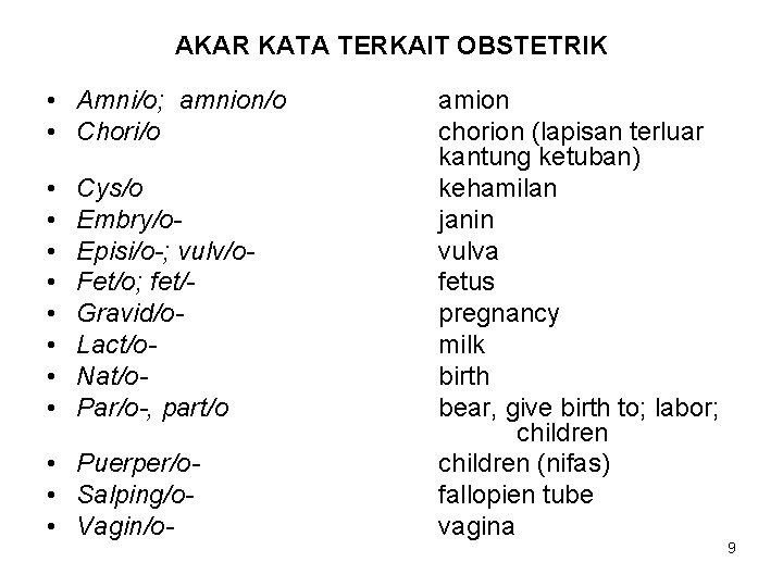 AKAR KATA TERKAIT OBSTETRIK • Amni/o; amnion/o • Chori/o • • Cys/o Embry/o. Episi/o-;