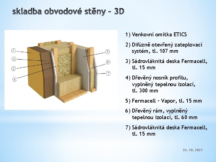 1) Venkovní omítka ETICS 2) Difúzně otevřený zateplovací systém, tl. 107 mm 3) Sádrovláknitá