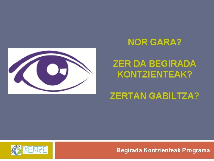 NOR GARA? ZER DA BEGIRADA KONTZIENTEAK? ZERTAN GABILTZA? Begirada Kontzienteak Programa 