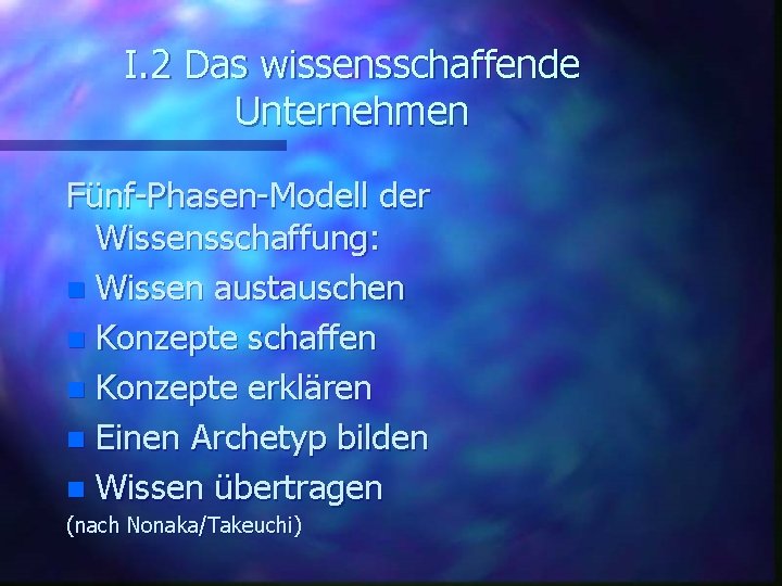 I. 2 Das wissensschaffende Unternehmen Fünf-Phasen-Modell der Wissensschaffung: n Wissen austauschen n Konzepte schaffen