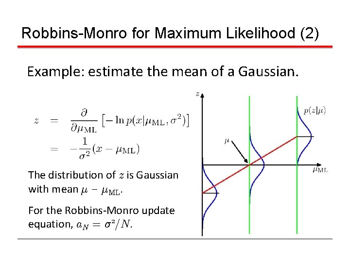 Robbins-Monro for Maximum Likelihood (2) Example: estimate the mean of a Gaussian. The distribution