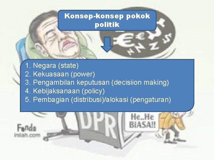 Konsep-konsep pokok politik 1. Negara (state) 2. Kekuasaan (power) 3. Pengambilan keputusan (decisiion making)