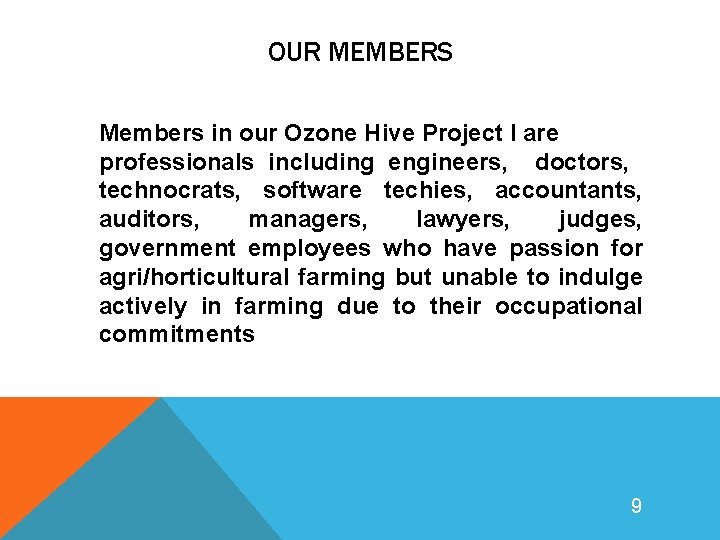 OUR MEMBERS Members in our Ozone Hive Project I are professionals including engineers, doctors,