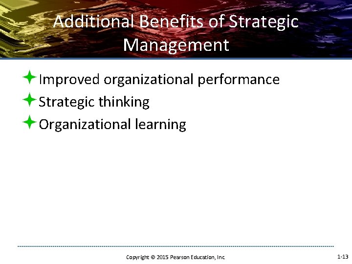 Additional Benefits of Strategic Management ªImproved organizational performance ªStrategic thinking ªOrganizational learning Copyright ©