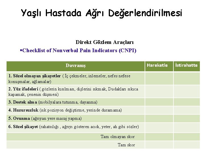 Yaşlı Hastada Ağrı Değerlendirilmesi Direkt Gözlem Araçları §Checklist of Nonverbal Pain Indicators (CNPI) Hareketle