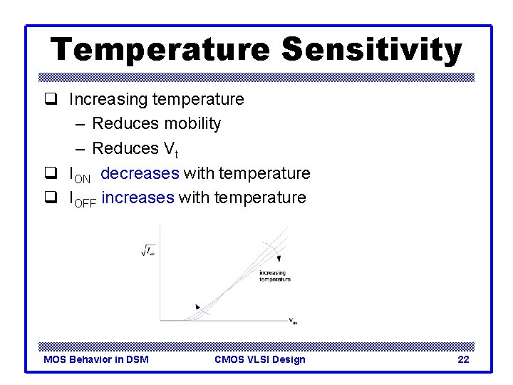 Temperature Sensitivity q Increasing temperature – Reduces mobility – Reduces Vt q ION decreases