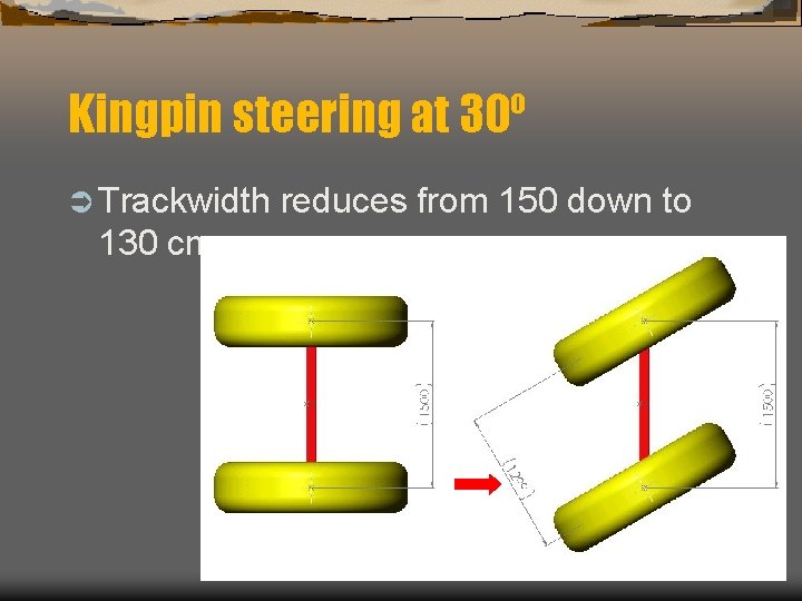Kingpin steering at 30º Ü Trackwidth 130 cm reduces from 150 down to 