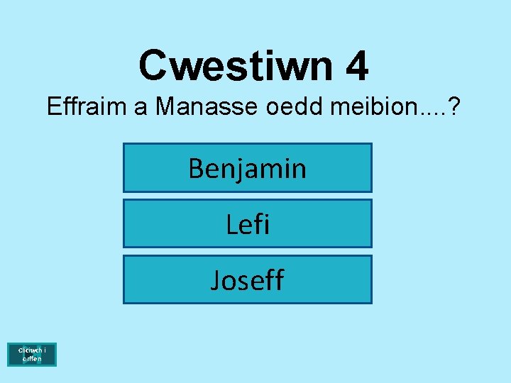 Cwestiwn 4 Effraim a Manasse oedd meibion. . ? Benjamin Lefi Joseff Cliciwch i