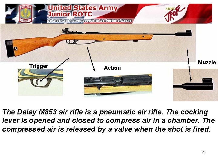 Trigger Action Muzzle The Daisy M 853 air rifle is a pneumatic air rifle.